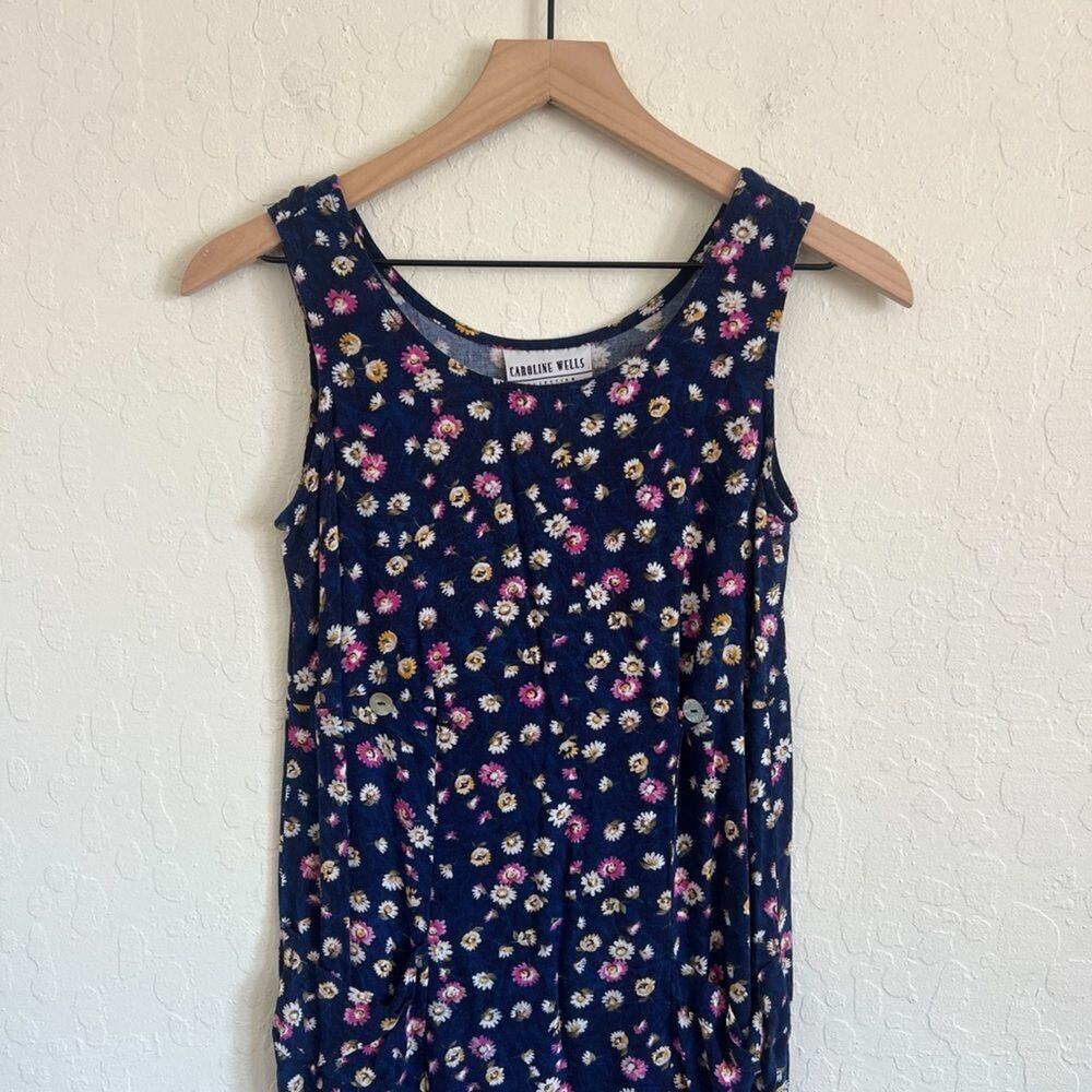 Vintage 90s Caroline Wells Sleeveless Midi Slip Dress size 6 Petite Blue Floral - Picture 2 of 4